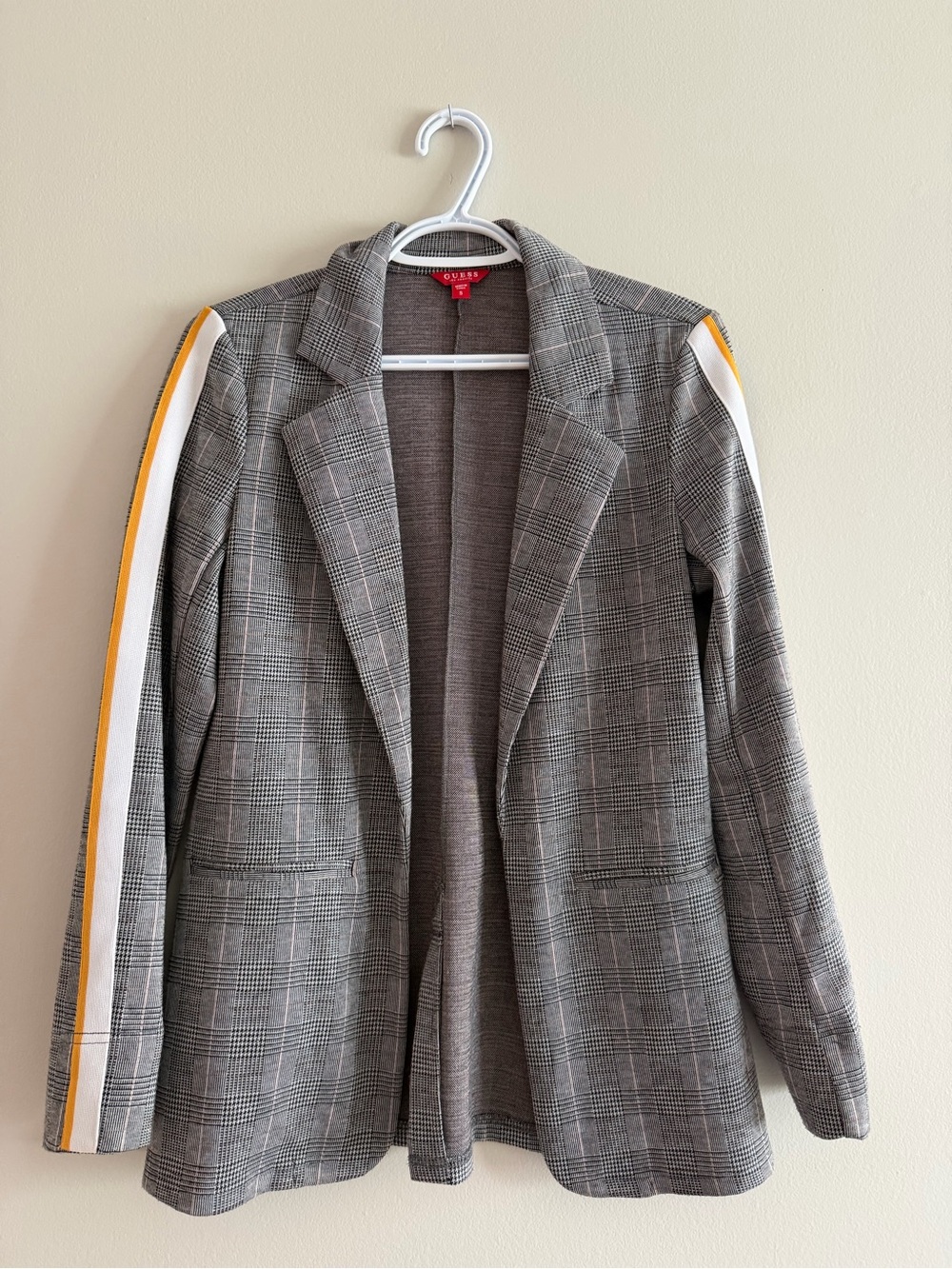 Guess Gray Glen Plaid Blazer with Yellow & White Sleeve Stripes